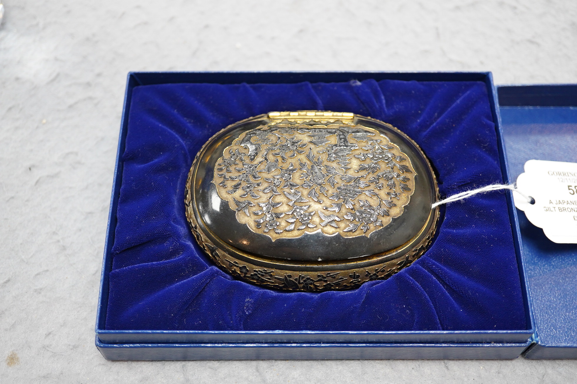 A Japanese export gilt bronze Sawasa oval tobacco box, 18th century